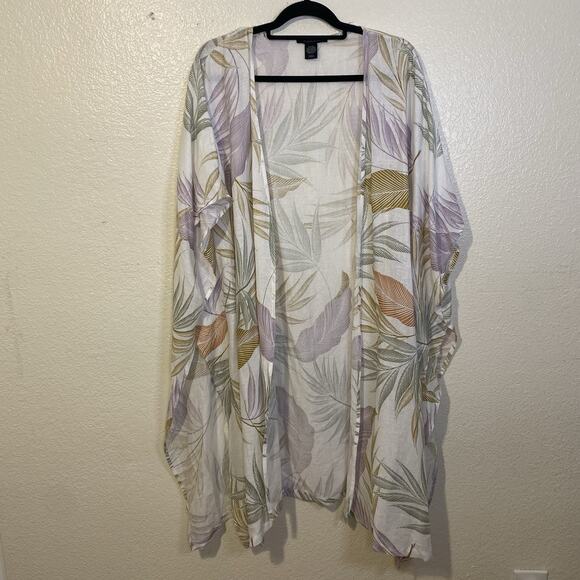 TAHARI Kimono Top Beach Cover Up Open Front Tropical Resort Linen Blend One Size - Picture 1 of 5